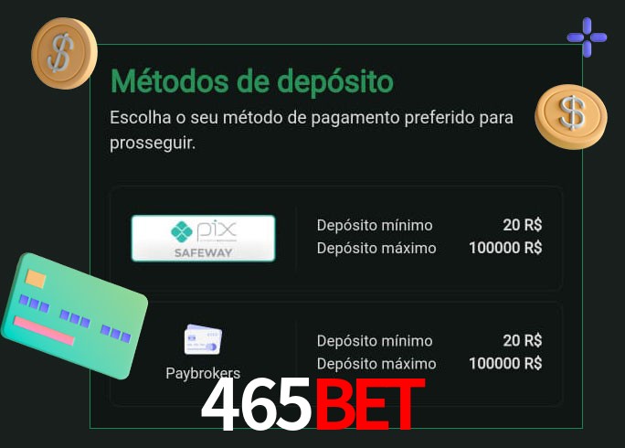 O cassino 465Bet oferece uma grande variedade de métodos de pagamento